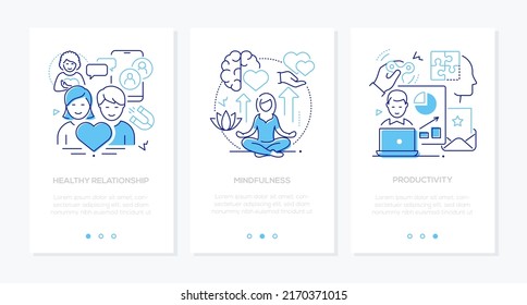 Healthy relationships and self-care - line design style banners set in blue color with place for text. Romance, love, tranquility, yoga, productivity, energy. People at work, at home and as a couple