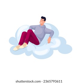 Healthy relax of man on cloud vector illustration. Cartoon isolated happy male character sitting on cloud to enjoy life and summer fresh air, sleep and dream, beautiful meditation and concentration