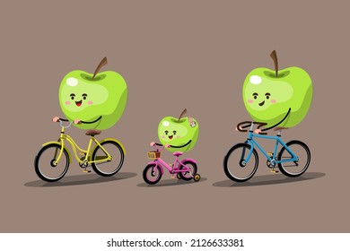 Healthy relaxation time concept. Apple family rides a bicycle to relax after a hard day's work. He listens to music while cycling. Flat vector illustration design