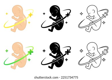 Healthy Remedy Recovery Cure Human Fetus Infant Embryo Reproductive System Medical Logo, Set of Flat Icon Pictogram, Black-White Silhouette, Line Art Isolated on White Background Vector Illustration