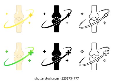 Healthy Remedy Recovery Cure Human Bone and Joint Articular Skeletal System Medical Logo, Set of Flat Icon Pictogram, Black-White Silhouette, Line Art Isolated on White Background Vector Illustration