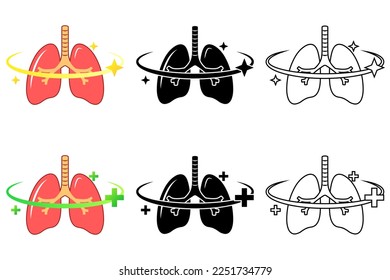 Healthy Remedy Recovery Cure Human Pair of Lungs Respiratory System Medical Logo, Set of Flat Icon Pictogram, Black-White Silhouette, Line Art Isolated on White Background Vector Illustration