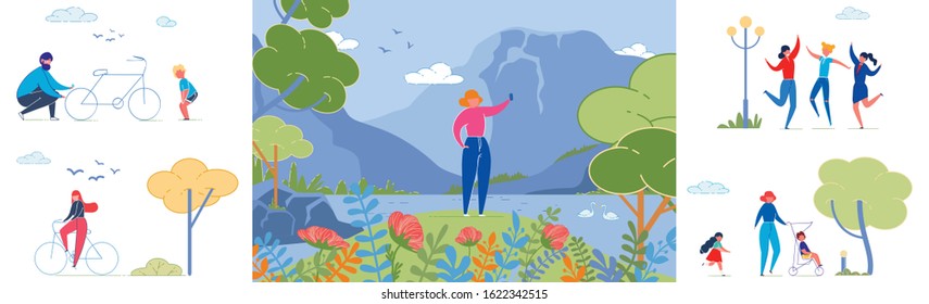 Healthy Rest at Nature Flat Vector Illustrations Set. Young Girls and Children with Parents Cartoon Characters. People Taking Selfie, Riding Bicycles, Dancing and Strolling Outdoors