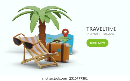 Healthy rest on sea beach. Choosing best resort. Horizontal poster on light background. 3D illustration with shadow. Template for summer PPC advertisement with button