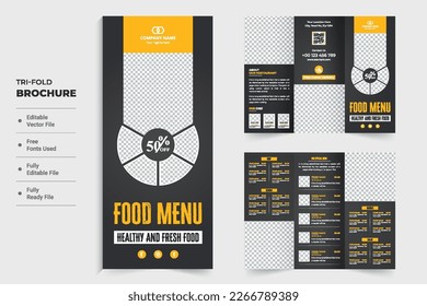 Healthy restaurant food menu leaflet and brochure template vector on a dark background. Restaurant menu list tri fold brochure design with photo placeholders. Creative culinary advertisement template.