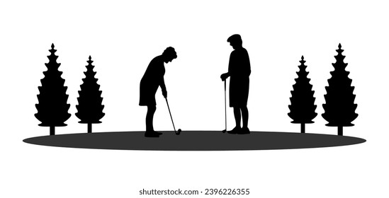 “SHOTLISTtravel”. Healthy retired elderly couple enjoy outdoor activities playing golf on golf course in summer vacation. Leisure. Healthy lifestyle.