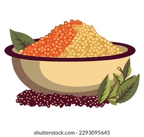 Healthy rice bowl and seeds over white
