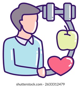 Healthy Routine icon represented by barbell, apple, love Lineal Color style.