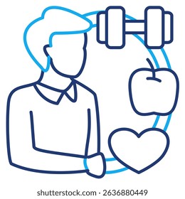 Healthy Routine icon represented by barbell, apple, love Dual Line style.