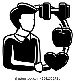 Healthy Routine icon represented by barbell, apple, love Black Filled style.