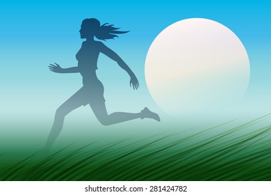 Healthy Run Design template. Young woman running through a meadow early in the morning. 