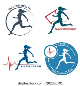 Healthy Run Emblem and Logo Set. Running young woman. Healthy heartbeat sign. Sport and activity. Only free font used. Isolated on white background.