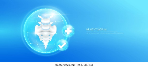 Osso sacro saudável dentro da cúpula de bolha transparente com marca de verificação e sinal de mais no fundo azul. Anatomia forte da articulação da cartilagem da pelve. Conceito de assistência médica. Vetor 3D EPS10.