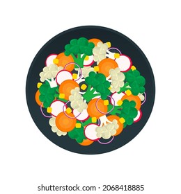 healthy salad with broccoli cauliflower carrot radish red onion on plate top view vector illustration