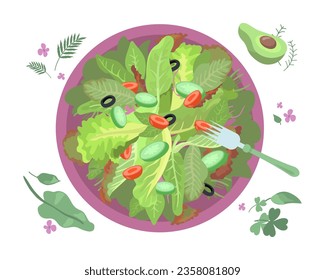 Healthy salad on plate vector illustration. Legumes, vegetables, spinach, avocado and other vegan ingredients mixed in bowl for plant-based diet. Vegan food, health care concept