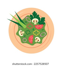 Healthy salad with onion, vegetables, mushroom on plate. Vector illustration isolated on white background.