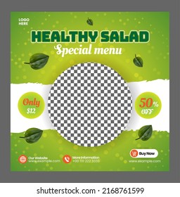 Healthy salad social media with leaf ornament and green background template