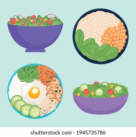 healthy salads bowls icon set