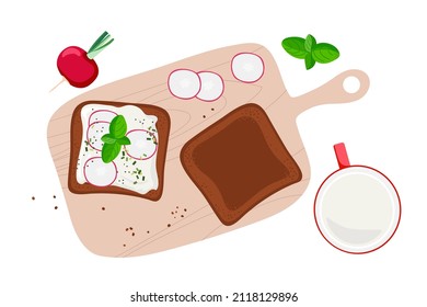 Healthy Sandwich with cottage cheese, basil and garden radish on cutting board. Ingredients for open toast cooking, recipe. Top view Vector for menu, cafe, restaurant, poster. Delicious Healthy snack.