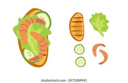 Healthy Sandwich with cucumber and lettuce ,cucumber on toasted bread. Top view Vector for menu, , restaurant, poster, banner, sticker. Delicious Healthy breakfast or snack