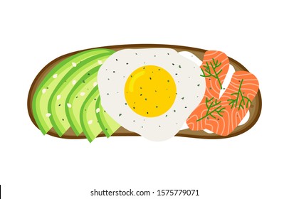 healthy sandwich with fried egg smoked salmon cream cheese avocado top view vector illustration