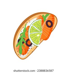 Healthy Sandwich with soft ricotta cheese, arugula, salmon, lime, olives on toasted bread. Top view Vector for menu, cafe, restaurant, poster, banner, sticker. Delicious Healthy breakfast or snack