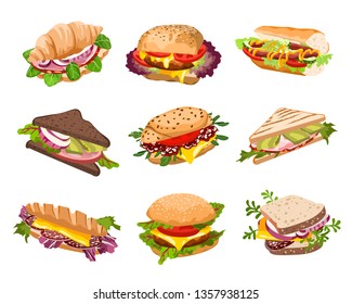 Healthy sandwiches collection isolated on white background. Vector illustration. Set of fresh panini with meat, chease and vegetables from different bread types.