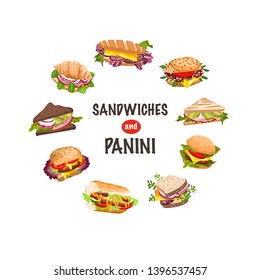 Healthy sandwiches collection isolated on white background. Vector illustration. Set of fresh panini with meat, chease and vegetables from different bread types.