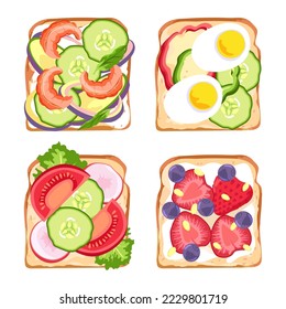 Sándwiches saludables, encima de la vista. Ilustración de comida aislada, desayuno o almuerzo sabrosa nutrición vectorial de bocadillos