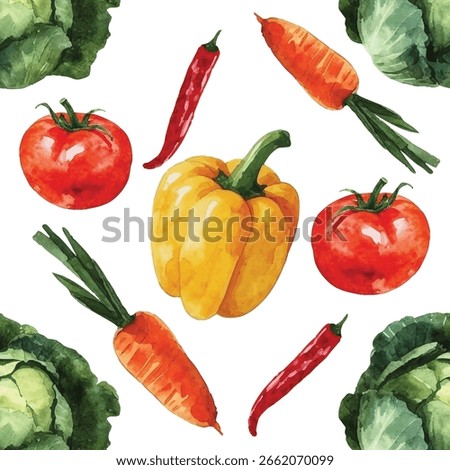 Healthy seamless pattern with hand-painted watercolor cabbage, tomatoes, carrots, chili peppers, and yellow bell pepper on a transparent background.