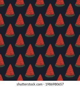 Gesunde nahtlose Muster mit roten abstrakten Wassermelonen-Slice-Ornament. Schwarzer Hintergrund. Dunkle Beerenkunst. Grafisches Design für die Verpackung von Papier und Texturen aus Stoff. Vektorgrafik.