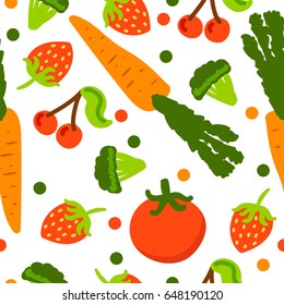 Healthy seamless pattern with vegetables in style cartoon. ?arrot, strawberry, broccoli, cherry, tomatoes. Hand drawn background.