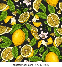 Healthy seamless pattern with whole lemon, slices pieces, half, flower, seed and leaves isolated on dark background. Natural fruit background for textiles, banner, wrapping paper and other designs