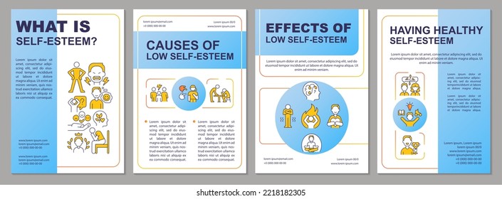 Healthy self esteem blue brochure template. Psychology. Leaflet design with linear icons. Editable 4 vector layouts for presentation, annual reports. Arial, Myriad Pro-Regular fonts used