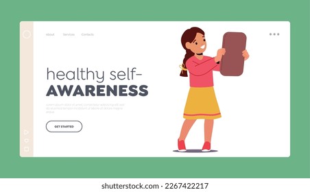 Healthy Self-Awareness Landing Page Template. Girl Gazing At Reflection In Mirror, Inspecting and Admire her Image. Child Revealing Emotions Of Surprise, Self-realization. Cartoon Vector Illustration