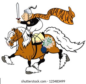 healthy senior man riding the horse and holding a knight sword,cartoon picture isolated on white background,vector illustration