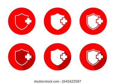 Healthy shield, medical protection icon with long shadow. Health badge sign symbol