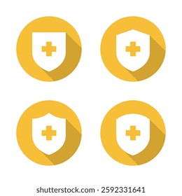Healthy shield protection icon set with long shadow. Medical badge sign symbol