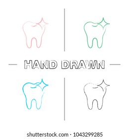 Healthy shining tooth hand drawn icons set. Teeth whitening. Color brush stroke. Isolated vector sketchy illustrations