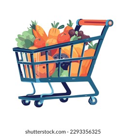 Carro de compras saludable lleno de verduras y frutas frescas aisladas