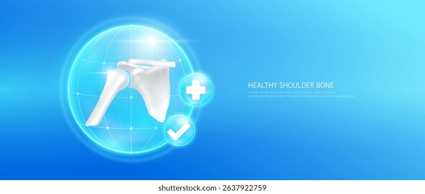 Healthy shoulder bone within bubble dome transparent with check mark and plus sign on blue background. Strong cartilage joint anatomy. Medical health care concept. 3D Vector EPS10.