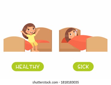 Plantilla vectorial de tarjetas de flash para antónimos sanos y enfermos. Tarjeta de Word para el aprendizaje del inglés con caracteres planos. Concepto opuesto. Niña en cama con ilustración termómetro con tipografía