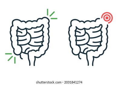 Healthy And Sick Bowel Line Icon. Health, Illness Large Intestine Pictogram. Diseased Colon Outline Icon. Diarrhea, Dysbiosis, Stomachache Concept. Editable Stroke. Isolated Vector Illustration.