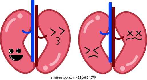 Healthy And Sick Kidney Cute Animation. Kidney Disease Illustration For Kids