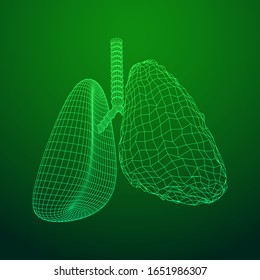 Healthy and sick lung with trachea bronchi internal organ human. Pulmonology medicine science technology concept. Wireframe low poly mesh vector illustration