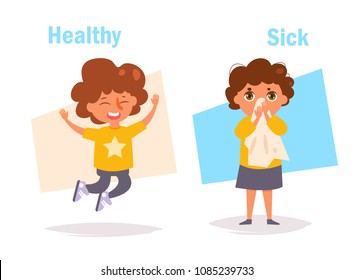 Healthy Sick Opposite Antonyms Vector. Cartoon. Isolated art on white background. Flat