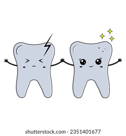 Healthy and sick teeth, kawaii characters, color vector illustration