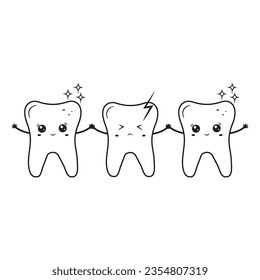 Healthy and sick teeth, kawaii characters, black contour doodle, vector illustration