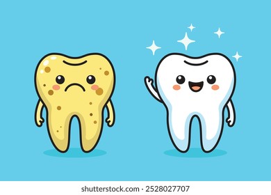 Healthy and sick tooth, cartoon style on blue background, sad and happy facial expression.