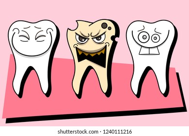 Healthy and sick tooth isolated on pink background vector illustration .